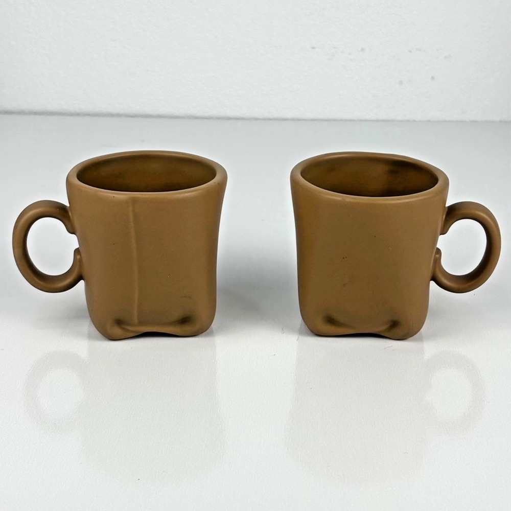 Set Of 2 World Market Brown Ceramic Coffee Mugs Expresso Disfigured‎ Modern